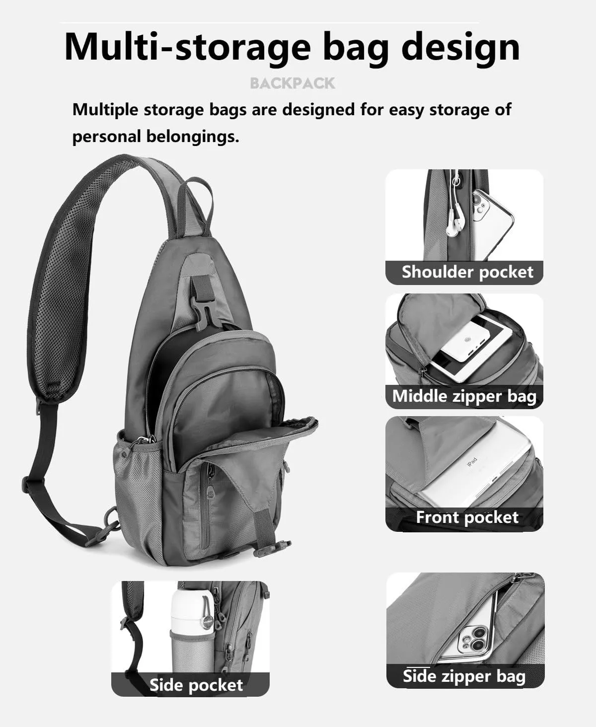 Small Crossbody Sling Backpack Hiking Daypack, Lightweight Casual Shoulder Chest Multiple Bag Sports Outdoor Travel (Gray)