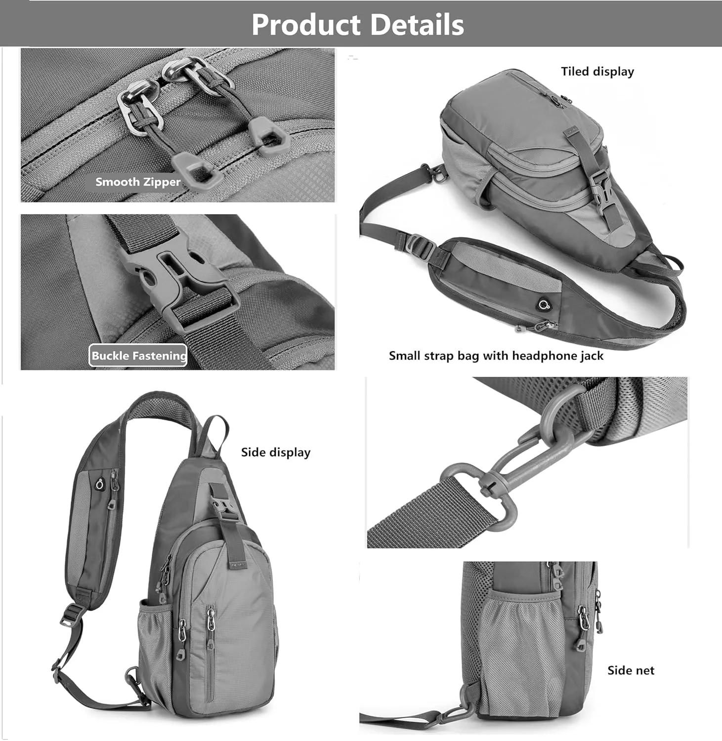 Small Crossbody Sling Backpack Hiking Daypack, Lightweight Casual Shoulder Chest Multiple Bag Sports Outdoor Travel (Gray)