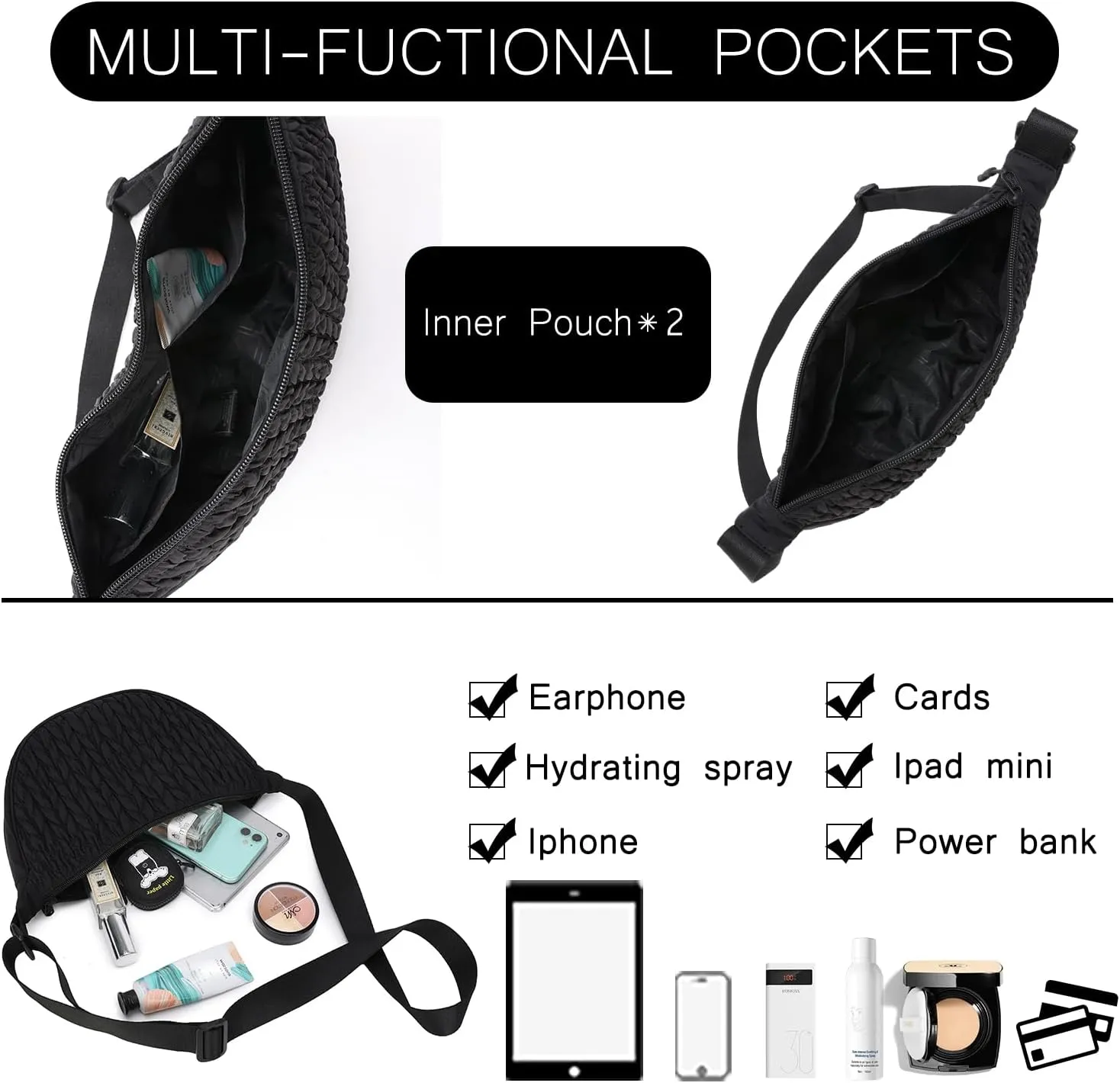 Small Nylon Crescent Crossbody Bag for Women Men Trendy, Waterproof Crescent Sling, Lightweight Travel Purses