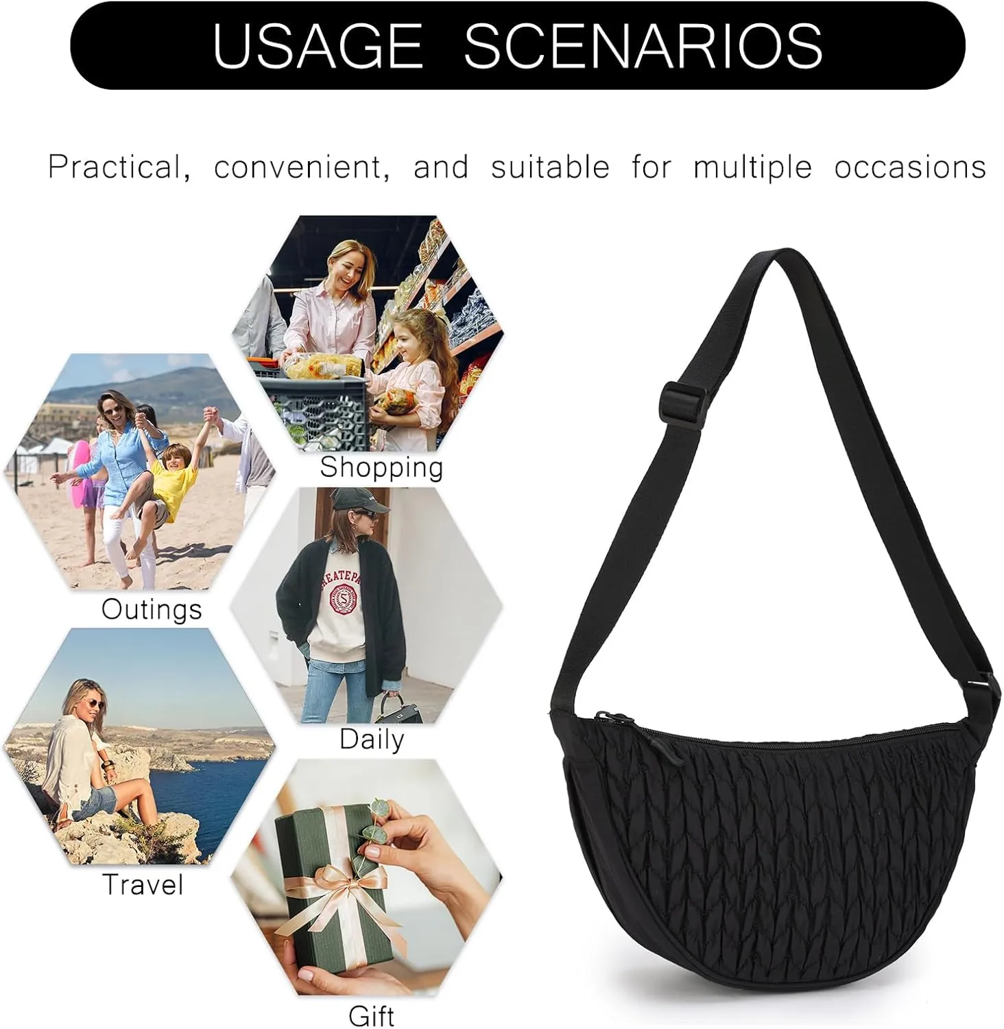 Small Nylon Crescent Crossbody Bag for Women Men Trendy, Waterproof Crescent Sling, Lightweight Travel Purses