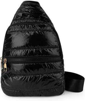 Small Puffy Sling Bag for Women & Men - Unisex Quilted Chest Bag - Black