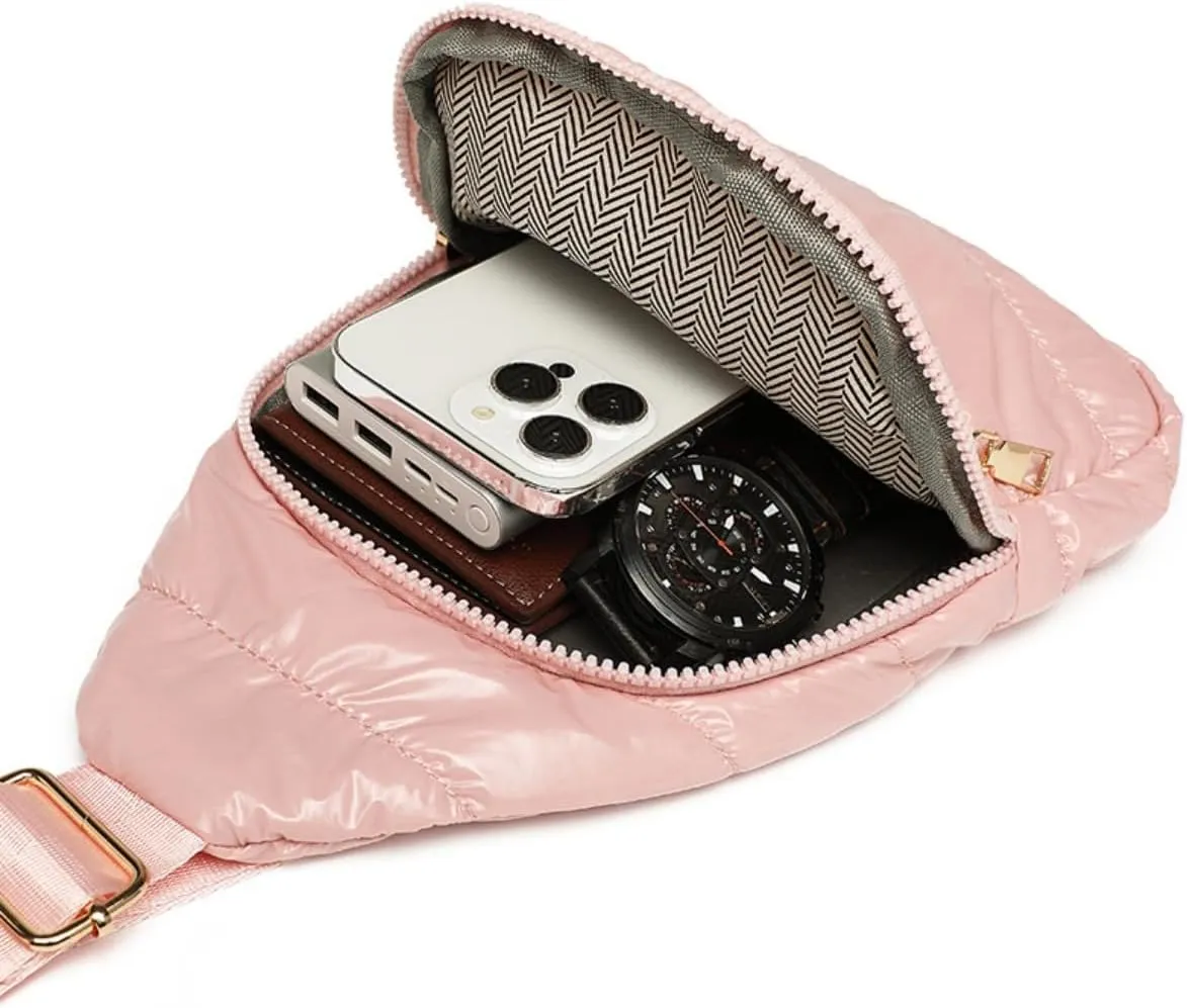 Small Puffy Sling Bag for Women & Men - Unisex Quilted Chest Bag - Black