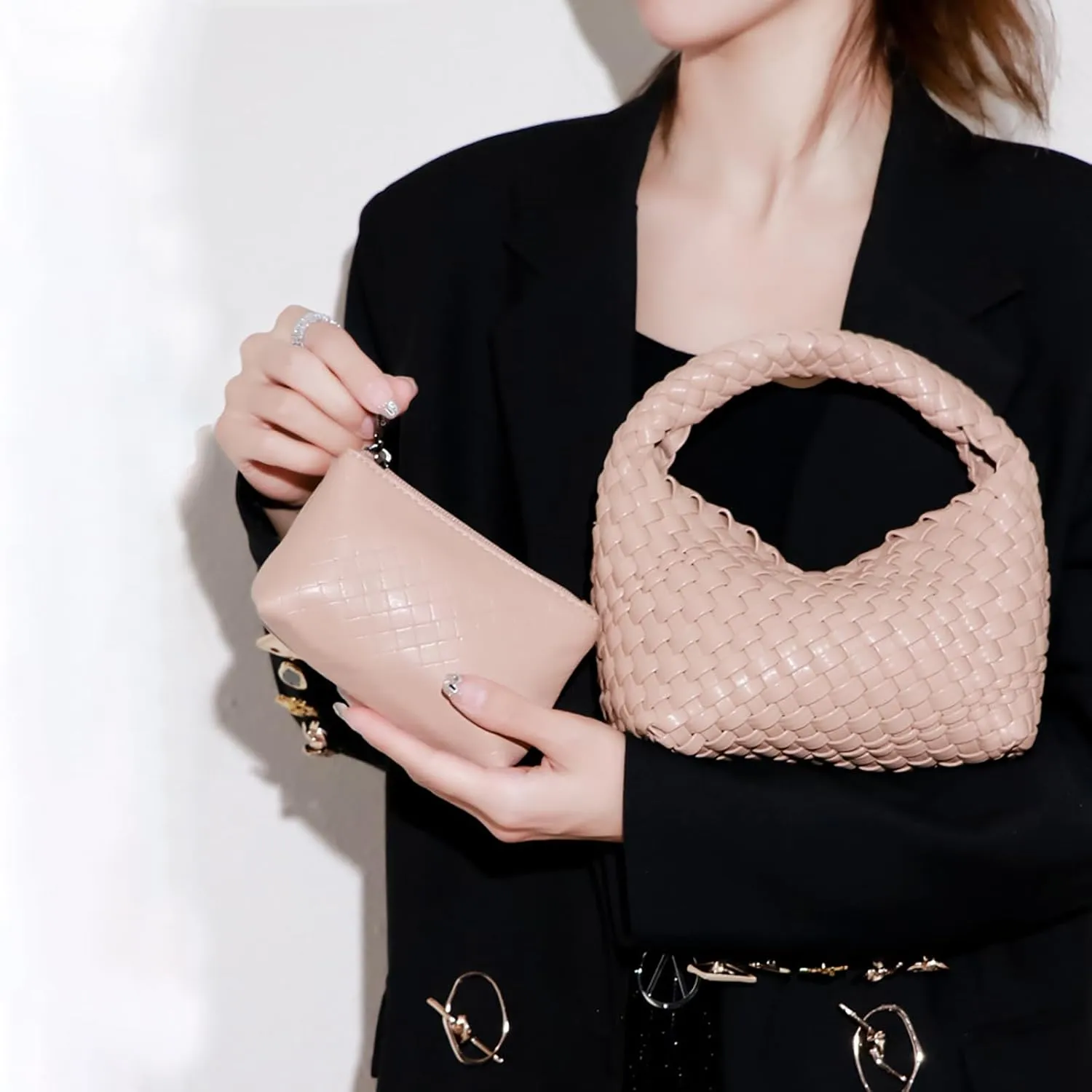 Small Size Woven Women's Handbag and Small Money Bag Luxury Lightweight Vegan Leather Adjustable Crossbody Bag Set