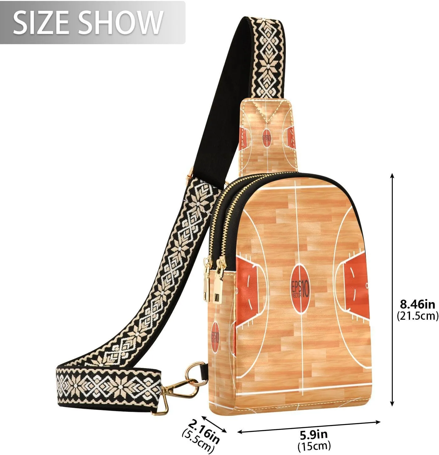 Small Sling Bag for Women Basketball Court Leather Fanny Pack Crossbody Bag Wooden Parquet Floor Chest Bag Trendy Fashion Waist Packs for Outdoor Travel Sports Hiking Outfit