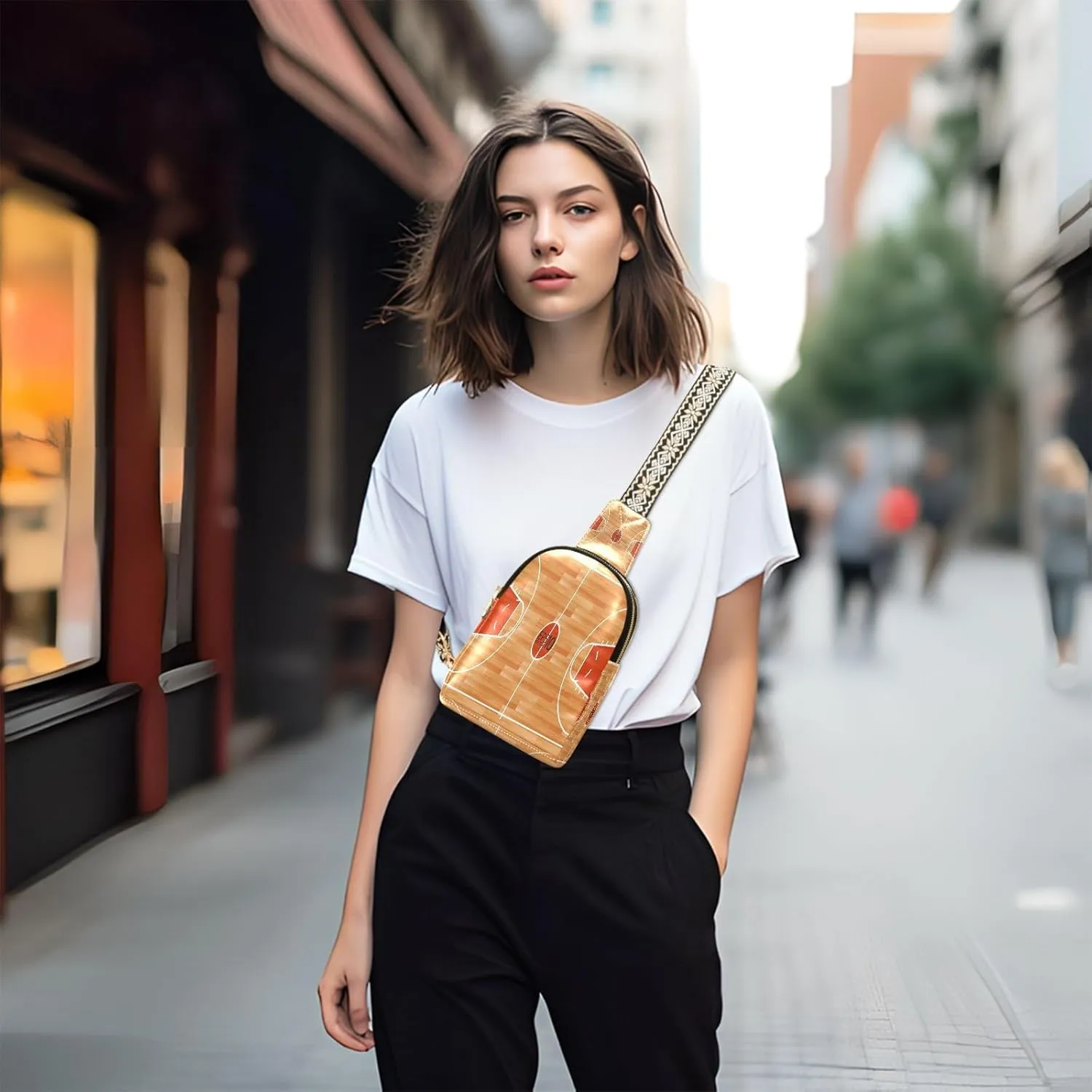 Small Sling Bag for Women Basketball Court Leather Fanny Pack Crossbody Bag Wooden Parquet Floor Chest Bag Trendy Fashion Waist Packs for Outdoor Travel Sports Hiking Outfit