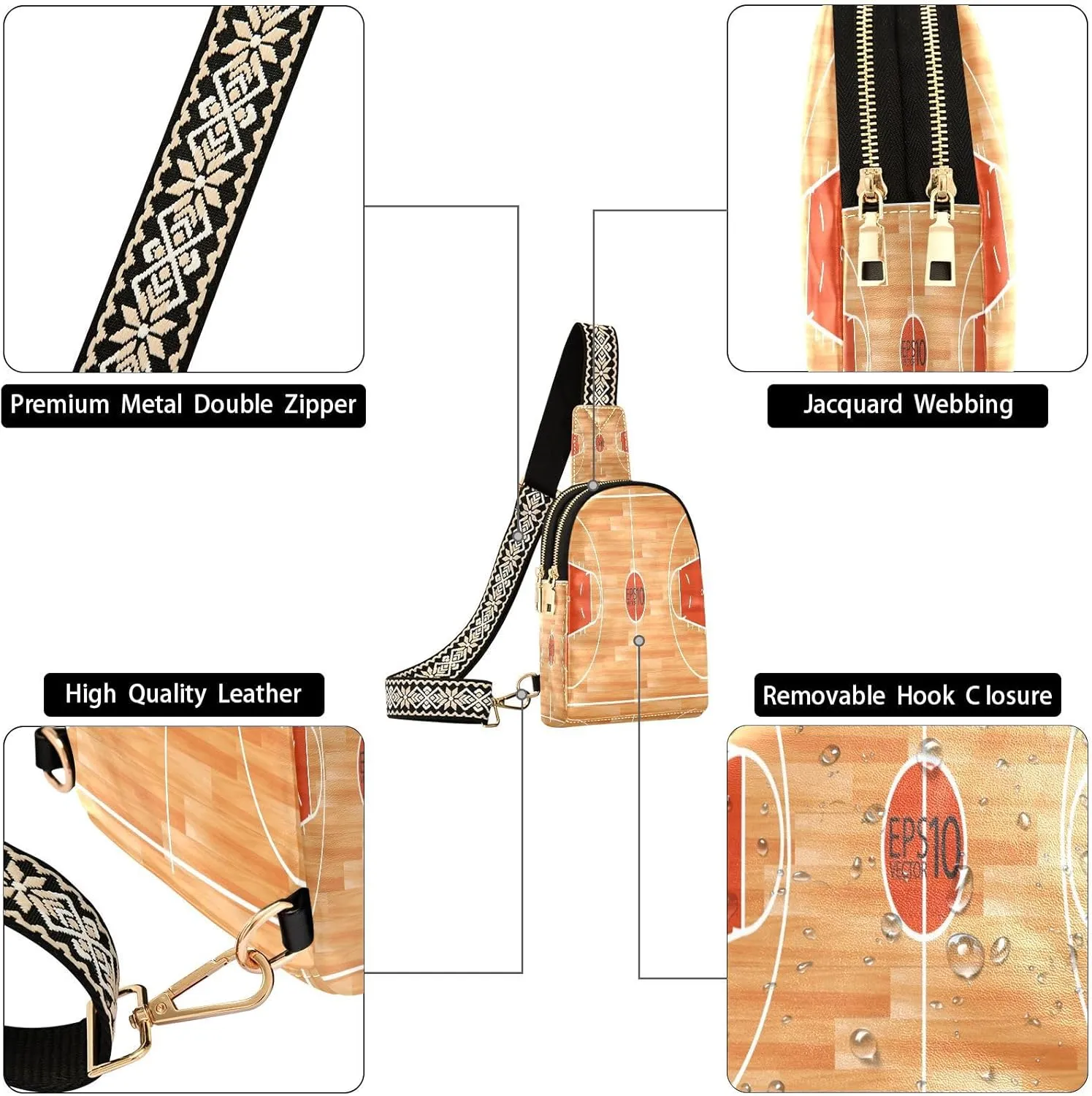 Small Sling Bag for Women Basketball Court Leather Fanny Pack Crossbody Bag Wooden Parquet Floor Chest Bag Trendy Fashion Waist Packs for Outdoor Travel Sports Hiking Outfit