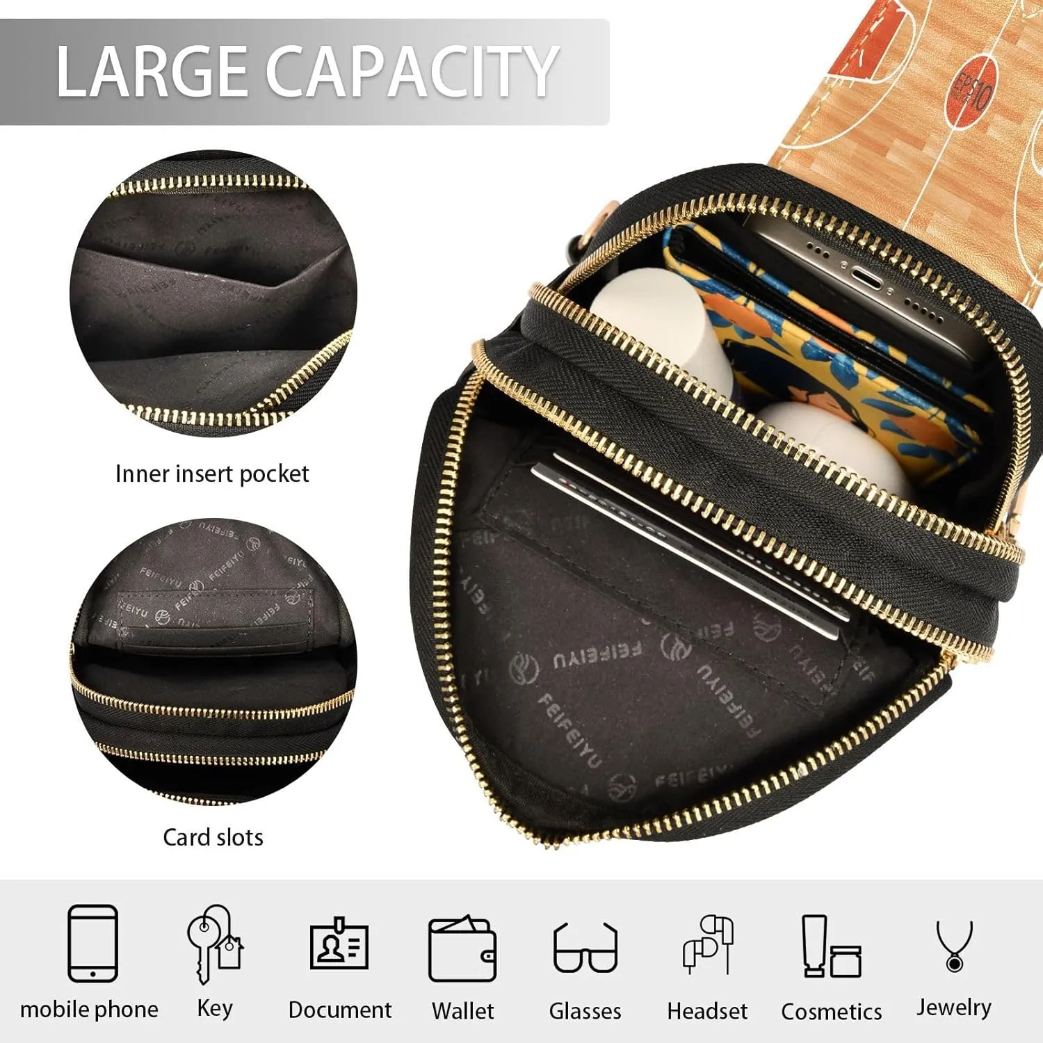 Small Sling Bag for Women Basketball Court Leather Fanny Pack Crossbody Bag Wooden Parquet Floor Chest Bag Trendy Fashion Waist Packs for Outdoor Travel Sports Hiking Outfit