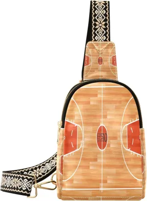 Small Sling Bag for Women Basketball Court Leather Fanny Pack Crossbody Bag Wooden Parquet Floor Chest Bag Trendy Fashion Waist Packs for Outdoor Travel Sports Hiking Outfit