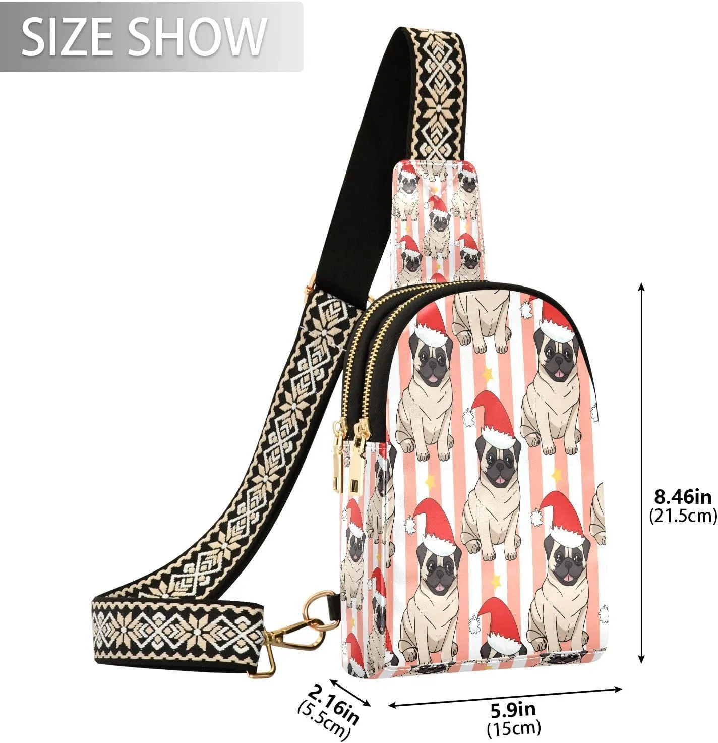 Small Sling Bag for Women Crossbody Pugs Christmas Hats Trendy Crossbody Bag Fashion Waist Packs Pink White Stripes Leather Chest Bag for Women Fanny Pack with Guitar Strap Travel Outdoor Outfit