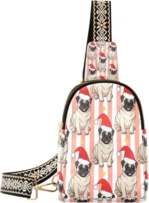 Small Sling Bag for Women Crossbody Pugs Christmas Hats Trendy Crossbody Bag Fashion Waist Packs Pink White Stripes Leather Chest Bag for Women Fanny Pack with Guitar Strap Travel Outdoor Outfit