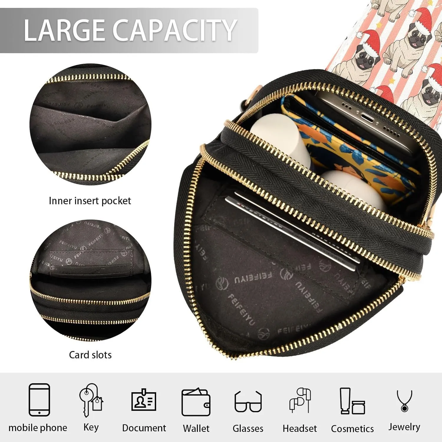 Small Sling Bag for Women Crossbody Pugs Christmas Hats Trendy Crossbody Bag Fashion Waist Packs Pink White Stripes Leather Chest Bag for Women Fanny Pack with Guitar Strap Travel Outdoor Outfit