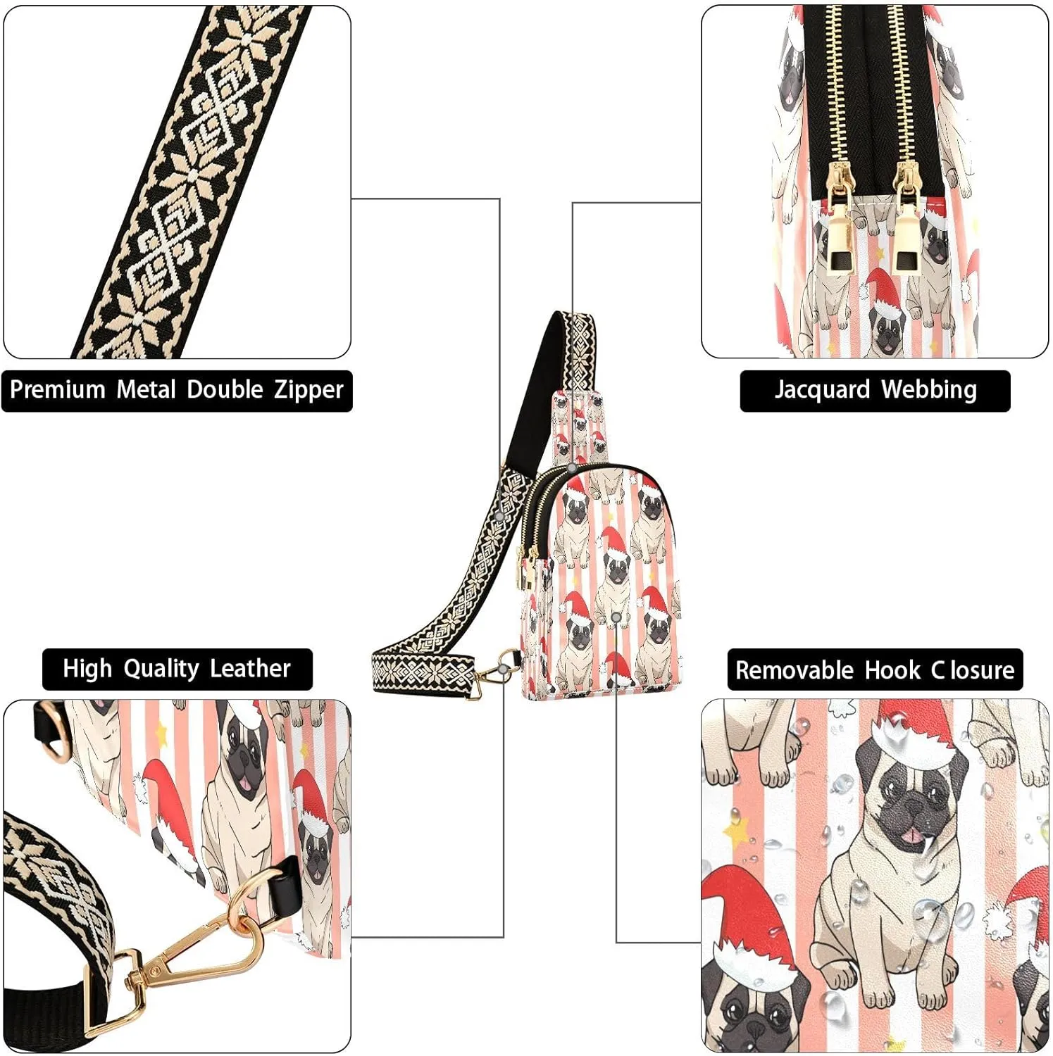 Small Sling Bag for Women Crossbody Pugs Christmas Hats Trendy Crossbody Bag Fashion Waist Packs Pink White Stripes Leather Chest Bag for Women Fanny Pack with Guitar Strap Travel Outdoor Outfit