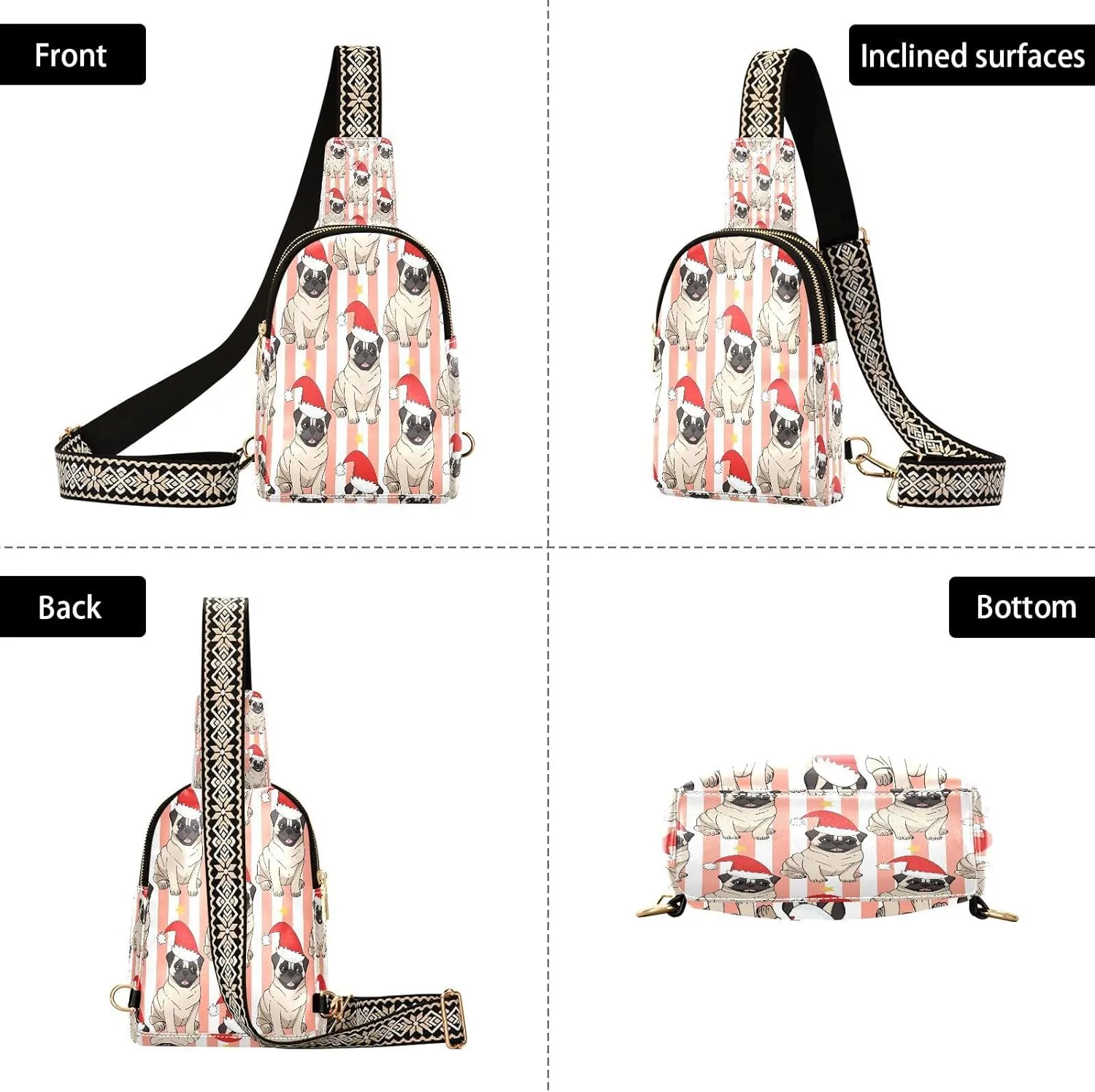 Small Sling Bag for Women Crossbody Pugs Christmas Hats Trendy Crossbody Bag Fashion Waist Packs Pink White Stripes Leather Chest Bag for Women Fanny Pack with Guitar Strap Travel Outdoor Outfit