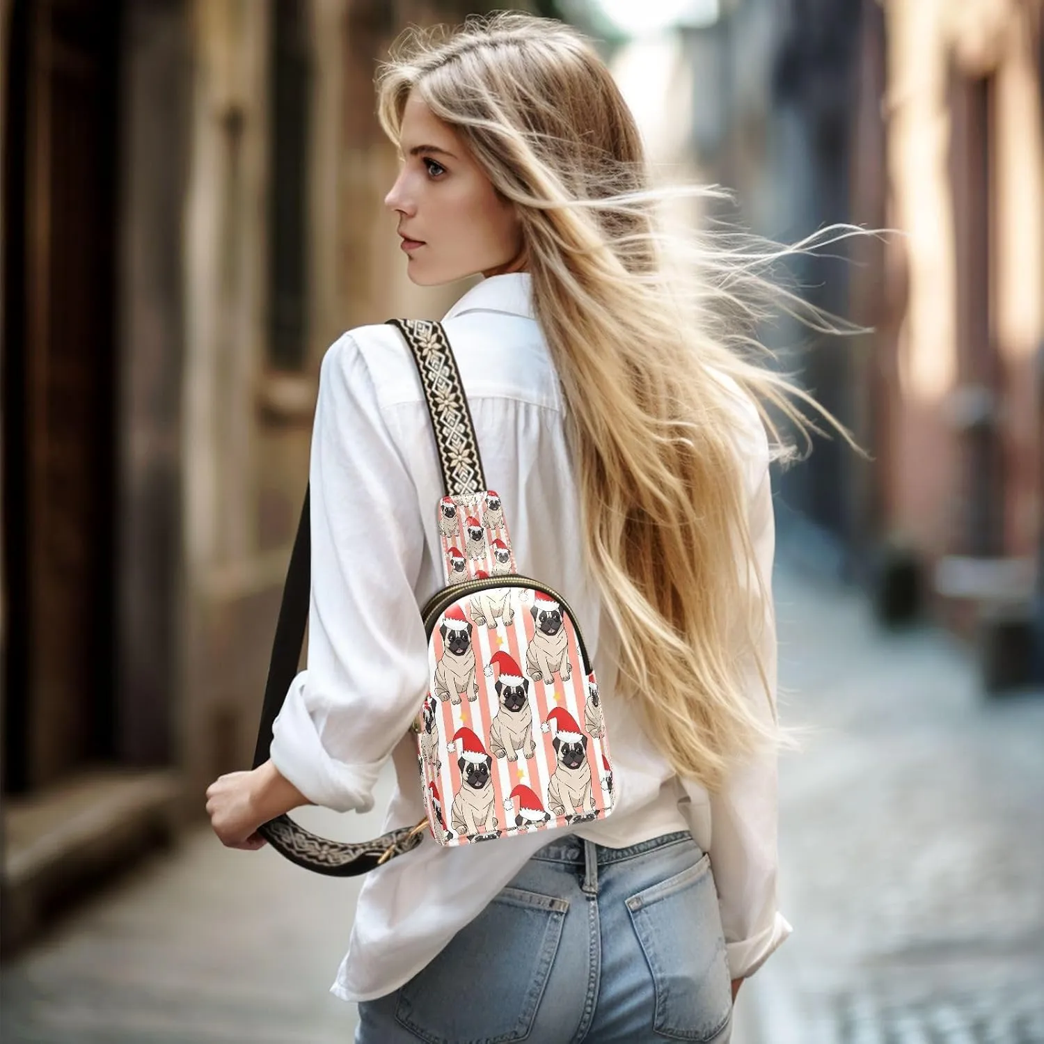 Small Sling Bag for Women Crossbody Pugs Christmas Hats Trendy Crossbody Bag Fashion Waist Packs Pink White Stripes Leather Chest Bag for Women Fanny Pack with Guitar Strap Travel Outdoor Outfit
