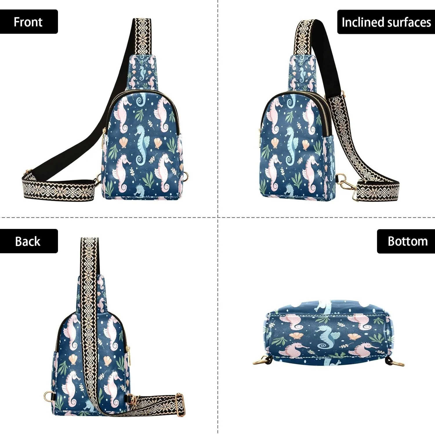 Small Sling Bag for Women Crossbody Underwater Seashell Trendy Crossbody Bag Fanny Pack with Guitar Strap Seahorse Cute Leather Chest Bag for Women Travel Outdoor Outfit