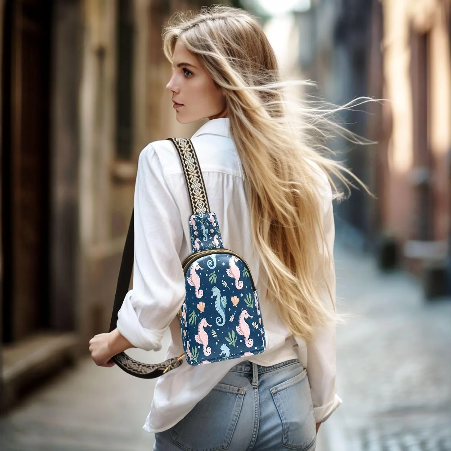 Small Sling Bag for Women Crossbody Underwater Seashell Trendy Crossbody Bag Fanny Pack with Guitar Strap Seahorse Cute Leather Chest Bag for Women Travel Outdoor Outfit