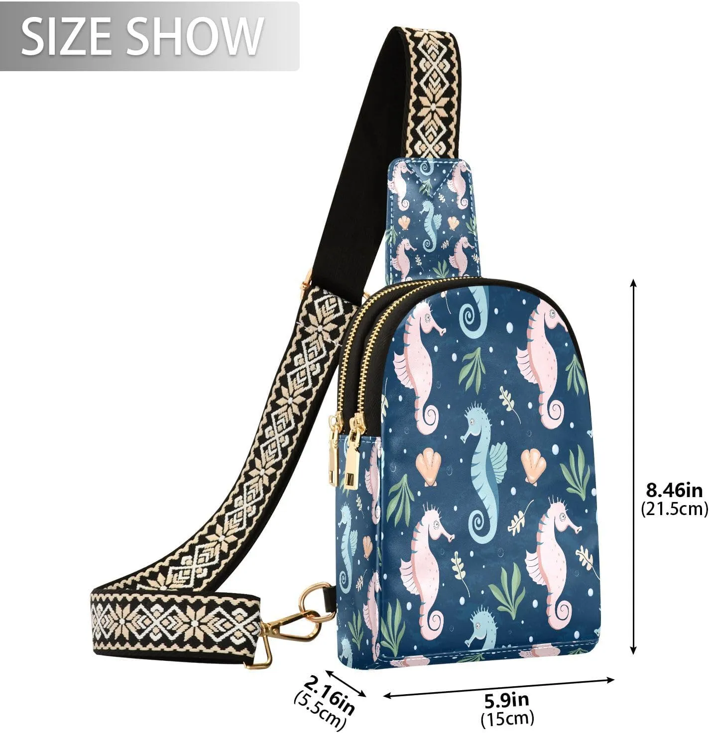 Small Sling Bag for Women Crossbody Underwater Seashell Trendy Crossbody Bag Fanny Pack with Guitar Strap Seahorse Cute Leather Chest Bag for Women Travel Outdoor Outfit