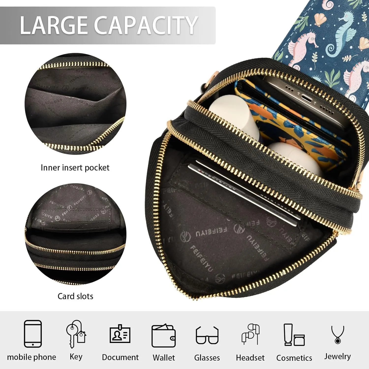 Small Sling Bag for Women Crossbody Underwater Seashell Trendy Crossbody Bag Fanny Pack with Guitar Strap Seahorse Cute Leather Chest Bag for Women Travel Outdoor Outfit