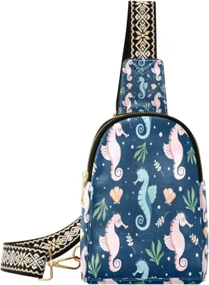 Small Sling Bag for Women Crossbody Underwater Seashell Trendy Crossbody Bag Fanny Pack with Guitar Strap Seahorse Cute Leather Chest Bag for Women Travel Outdoor Outfit