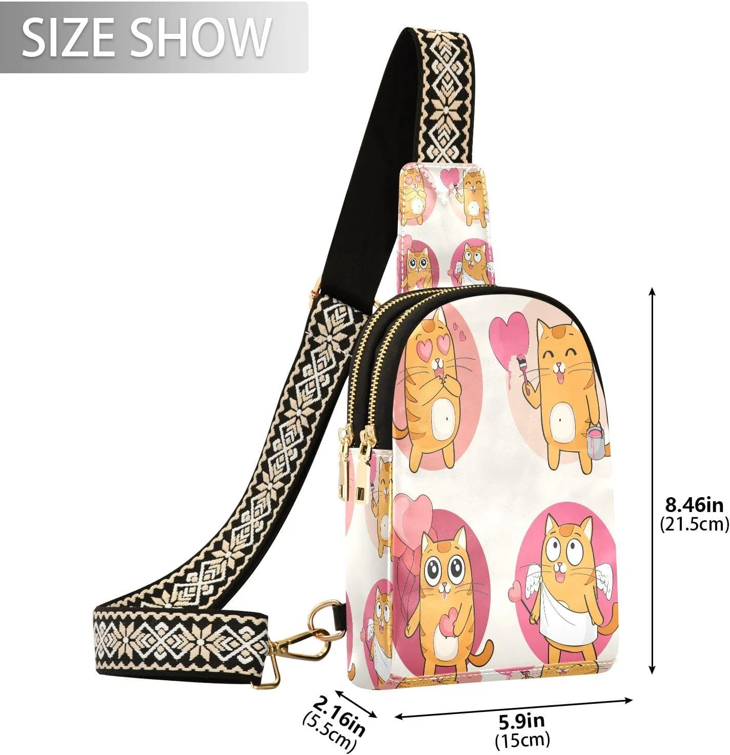 Small Sling Bag for Women Cute Cat Poses Trendy Crossbody Bag Fanny Pack with Guitar Strap Valentine Red Heart Leather Chest Bag for Women Outdoor Travel Outfit