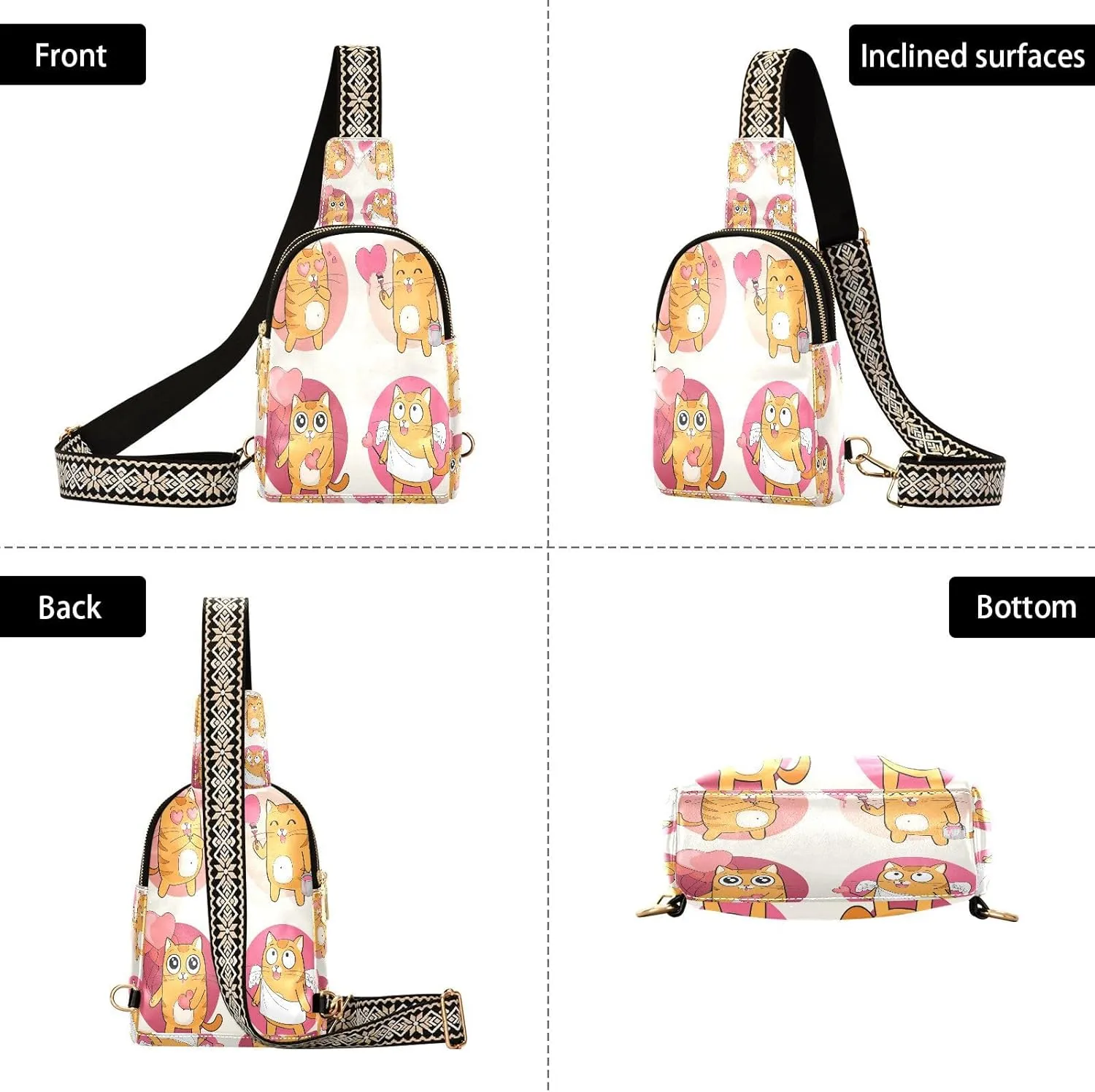 Small Sling Bag for Women Cute Cat Poses Trendy Crossbody Bag Fanny Pack with Guitar Strap Valentine Red Heart Leather Chest Bag for Women Outdoor Travel Outfit