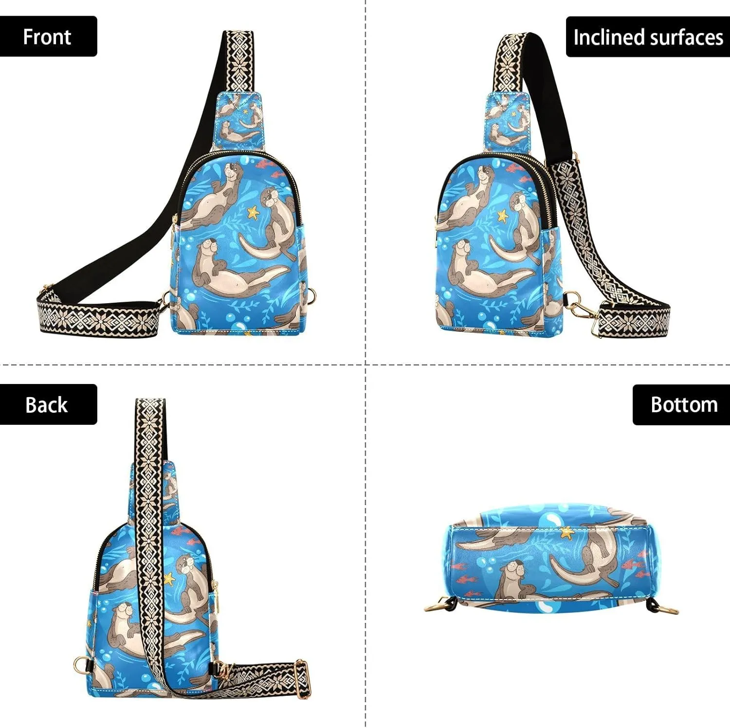 Small Sling Bag for Women Cute Pattern with Otters Trendy Crossbody Bag Fanny Pack with Guitar Strap Sea Leather Chest Bag for Women Outdoor Travel Outfit