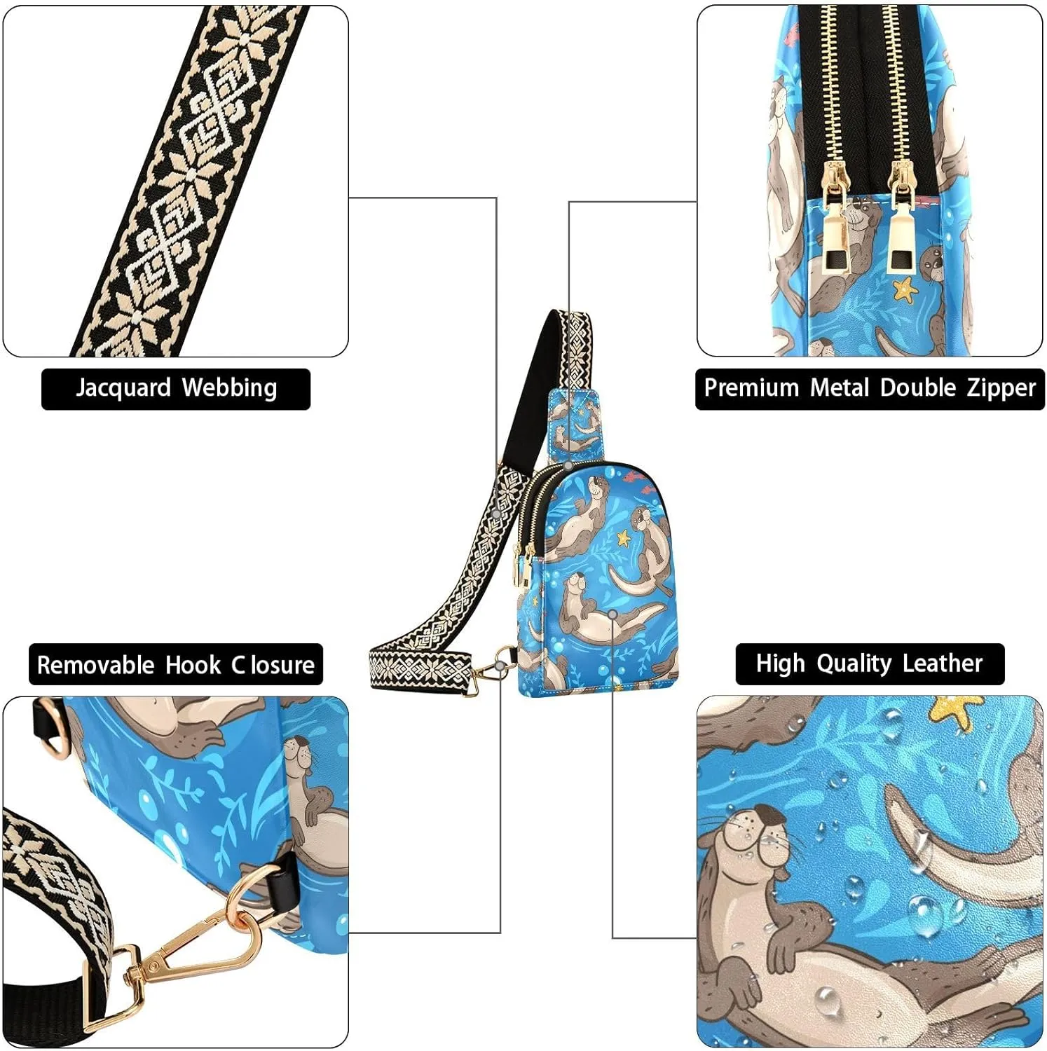 Small Sling Bag for Women Cute Pattern with Otters Trendy Crossbody Bag Fanny Pack with Guitar Strap Sea Leather Chest Bag for Women Outdoor Travel Outfit