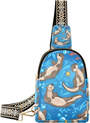 Small Sling Bag for Women Cute Pattern with Otters Trendy Crossbody Bag Fanny Pack with Guitar Strap Sea Leather Chest Bag for Women Outdoor Travel Outfit