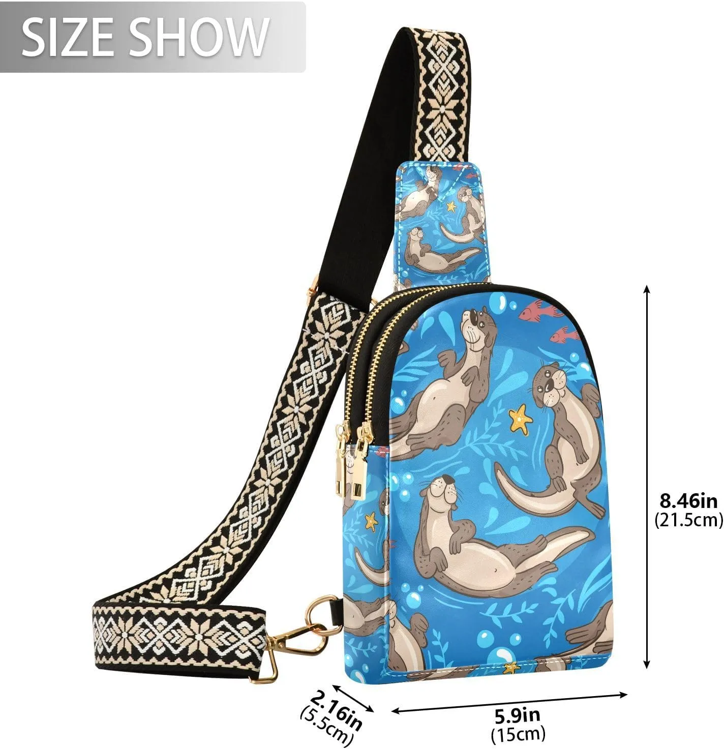 Small Sling Bag for Women Cute Pattern with Otters Trendy Crossbody Bag Fanny Pack with Guitar Strap Sea Leather Chest Bag for Women Outdoor Travel Outfit