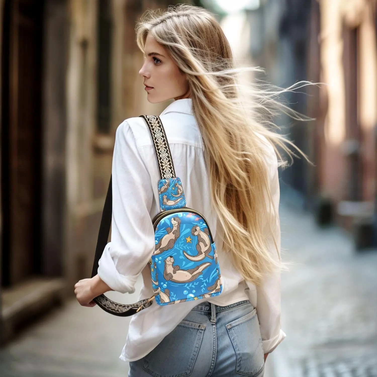 Small Sling Bag for Women Cute Pattern with Otters Trendy Crossbody Bag Fanny Pack with Guitar Strap Sea Leather Chest Bag for Women Outdoor Travel Outfit