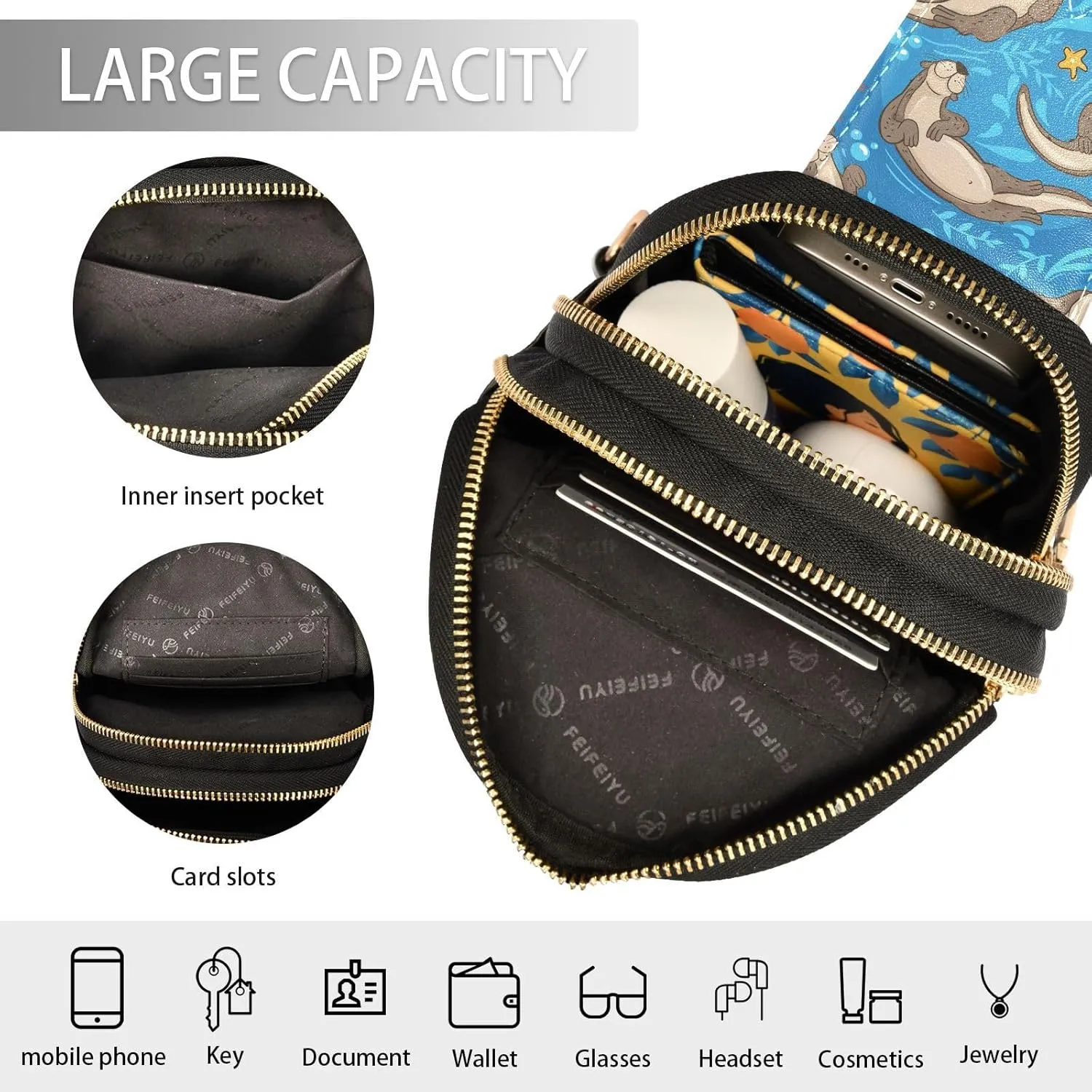 Small Sling Bag for Women Cute Pattern with Otters Trendy Crossbody Bag Fanny Pack with Guitar Strap Sea Leather Chest Bag for Women Outdoor Travel Outfit