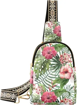 Small Sling Bag for Women Hawaii Palm Leaves Leather Fanny Pack Crossbody Bag Hibiscus Watercolor Chest Bag Trendy Fashion Waist Packs for Outdoor Travel Sports Hiking