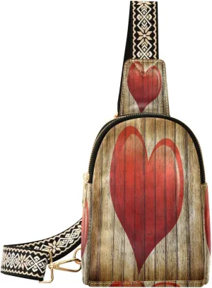 Small Sling Bag for Women Love Wooden Wall Trendy Crossbody Bag Fanny Pack with Guitar Strap Red Heart Leather Chest Bag for Women Outdoor Travel Outfit