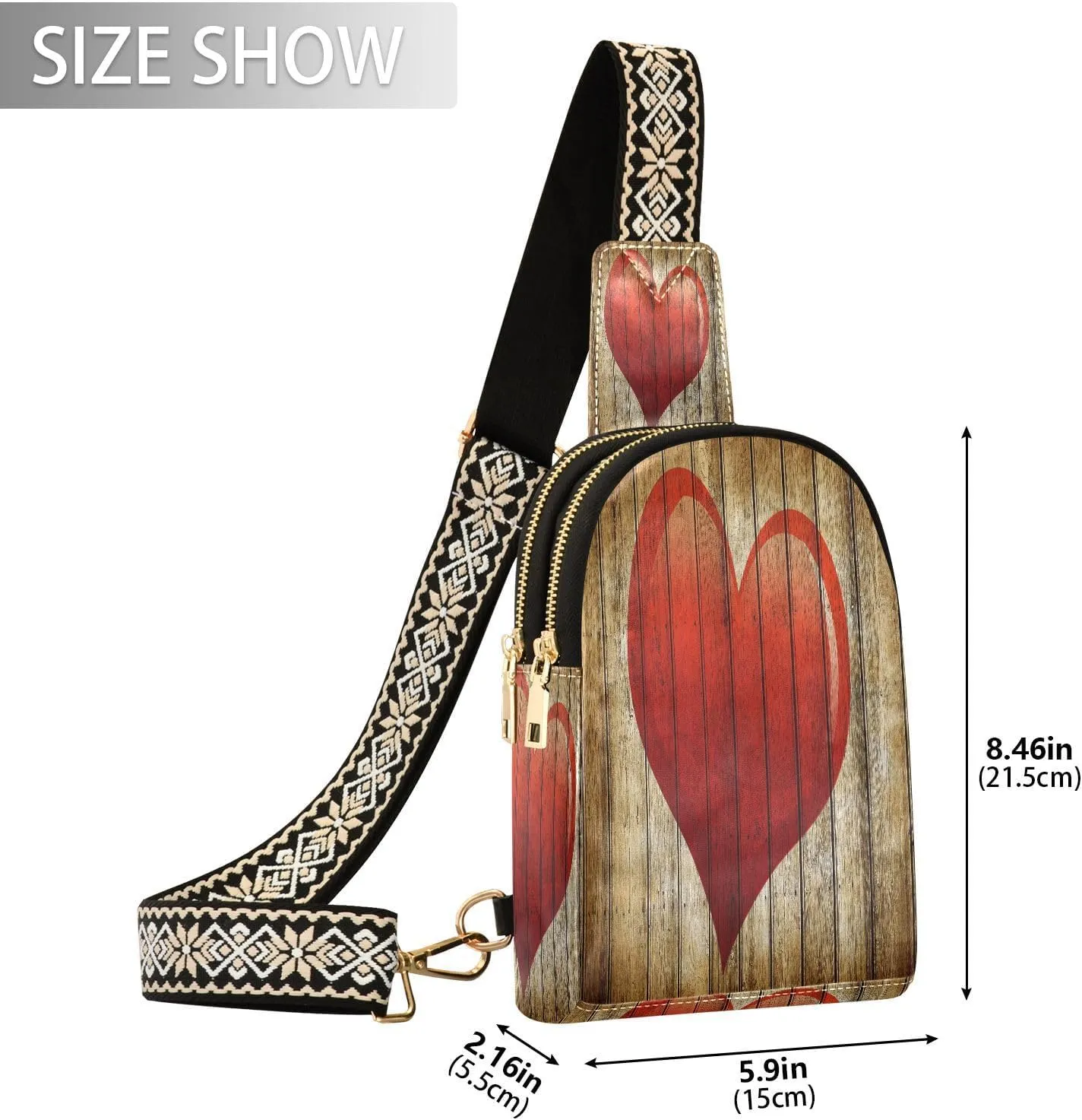 Small Sling Bag for Women Love Wooden Wall Trendy Crossbody Bag Fanny Pack with Guitar Strap Red Heart Leather Chest Bag for Women Outdoor Travel Outfit