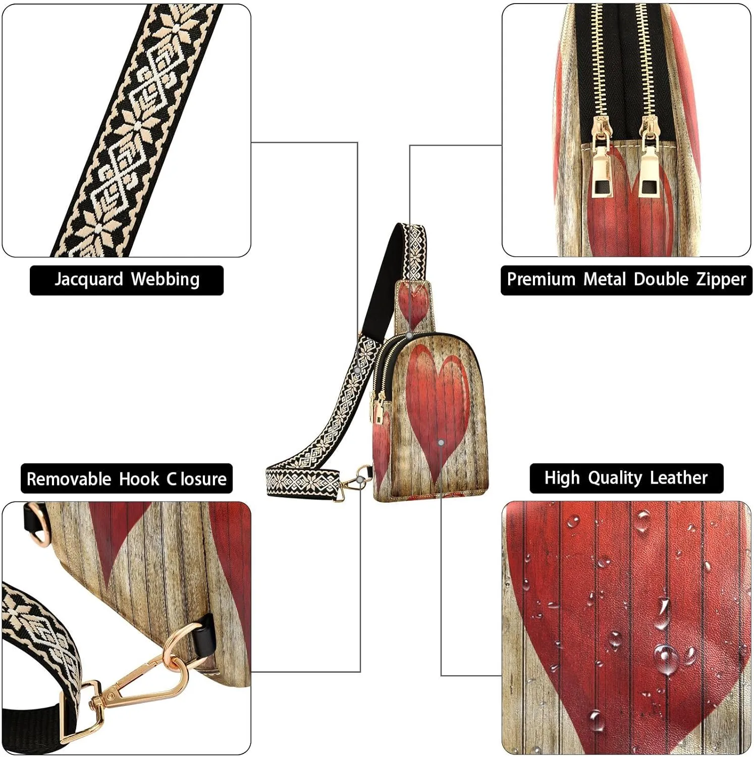 Small Sling Bag for Women Love Wooden Wall Trendy Crossbody Bag Fanny Pack with Guitar Strap Red Heart Leather Chest Bag for Women Outdoor Travel Outfit