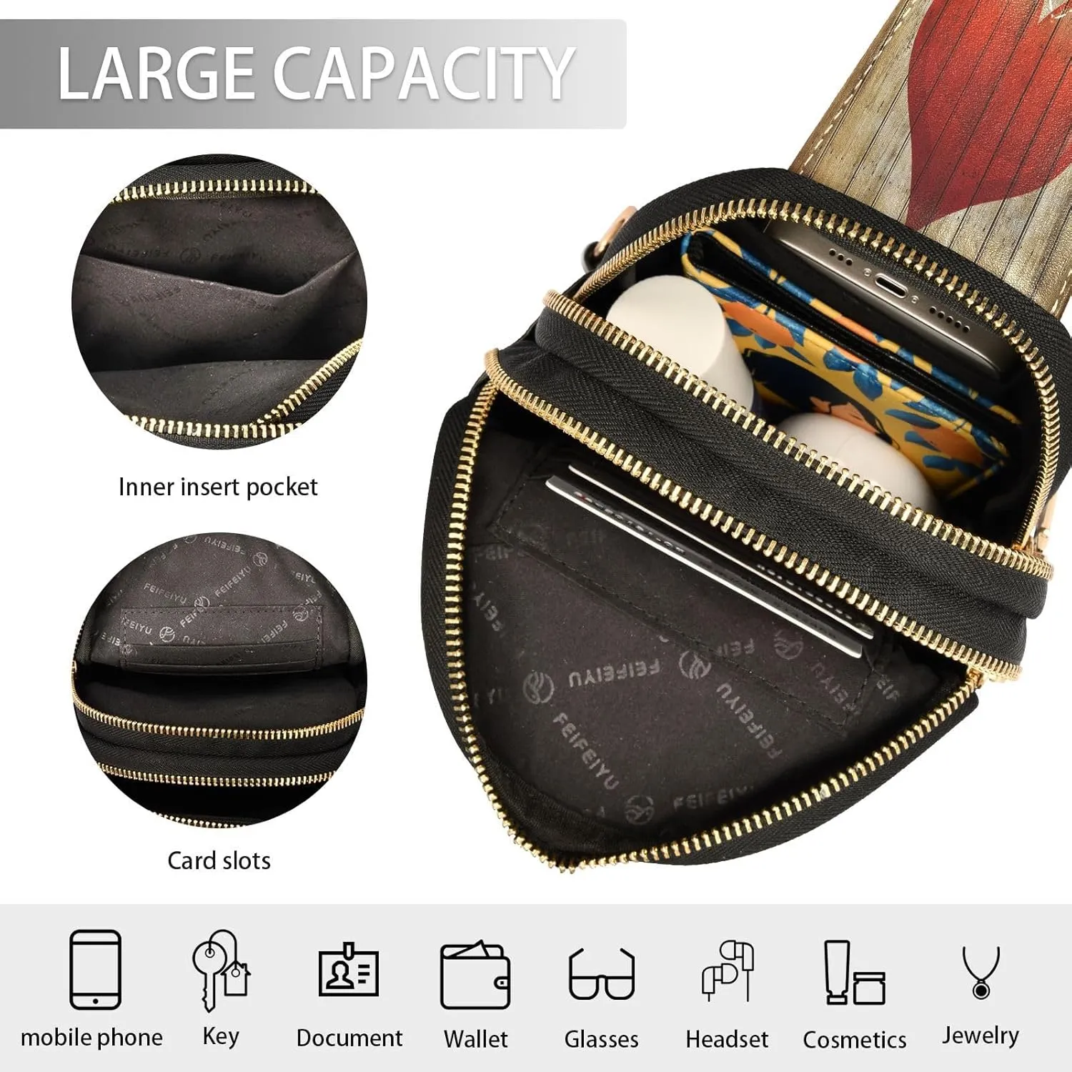 Small Sling Bag for Women Love Wooden Wall Trendy Crossbody Bag Fanny Pack with Guitar Strap Red Heart Leather Chest Bag for Women Outdoor Travel Outfit