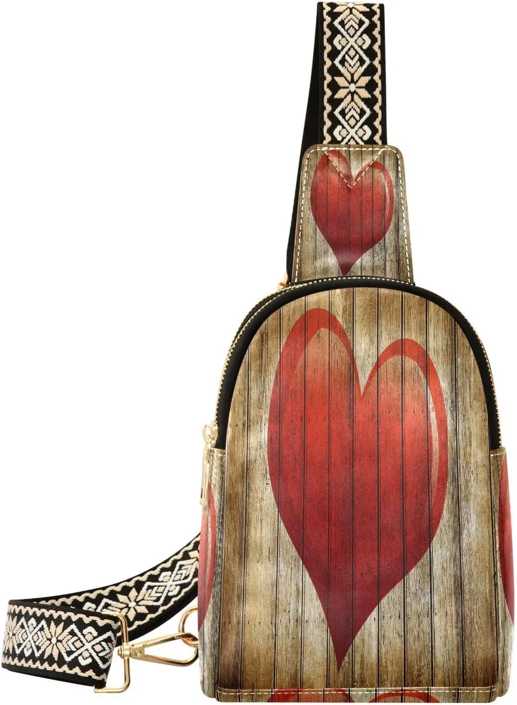 Small Sling Bag for Women Love Wooden Wall Trendy Crossbody Bag Fanny Pack with Guitar Strap Red Heart Leather Chest Bag for Women Outdoor Travel Outfit