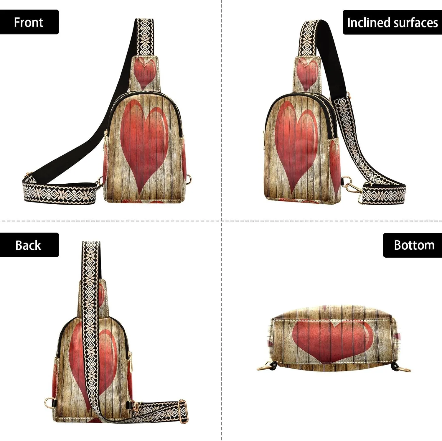 Small Sling Bag for Women Love Wooden Wall Trendy Crossbody Bag Fanny Pack with Guitar Strap Red Heart Leather Chest Bag for Women Outdoor Travel Outfit