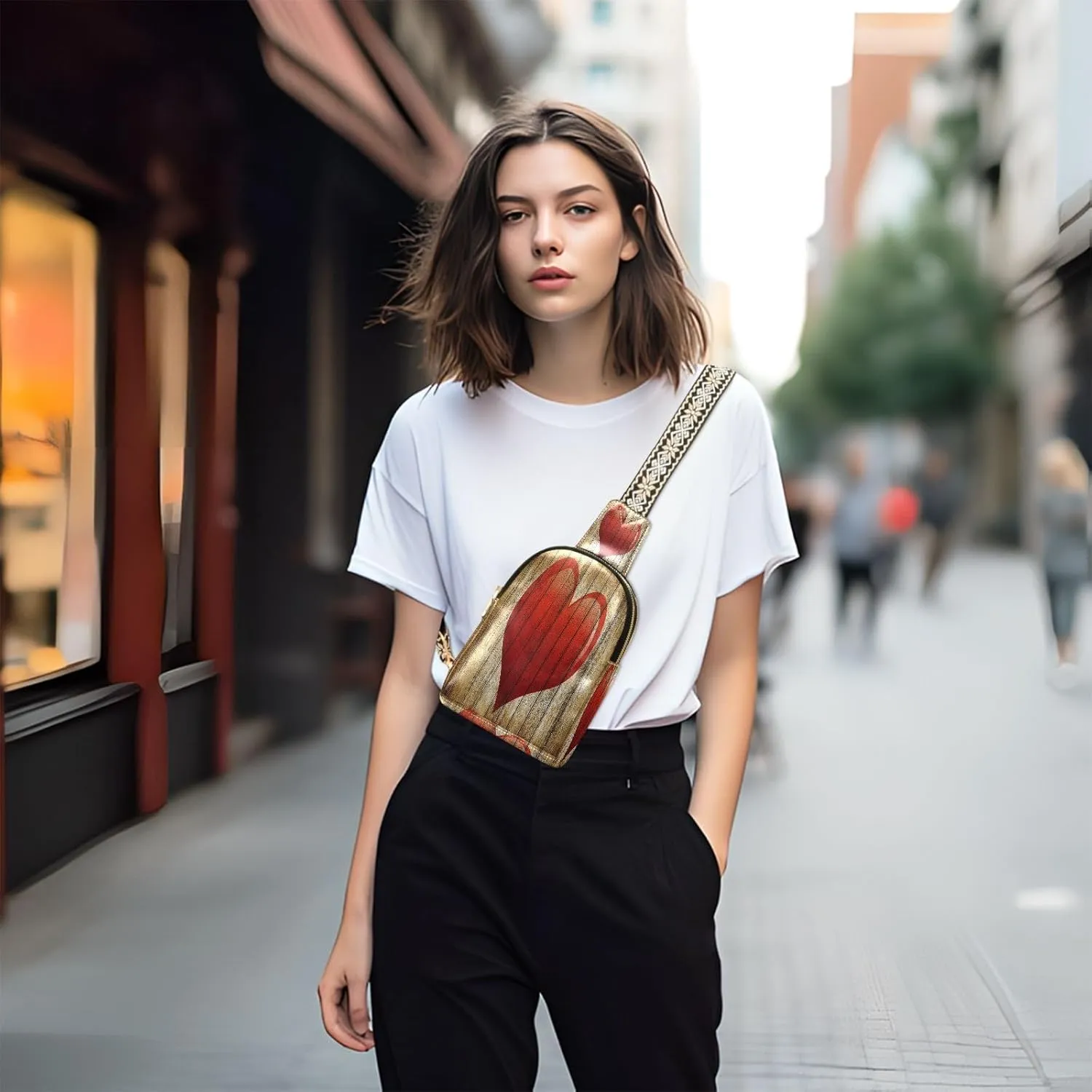 Small Sling Bag for Women Love Wooden Wall Trendy Crossbody Bag Fanny Pack with Guitar Strap Red Heart Leather Chest Bag for Women Outdoor Travel Outfit