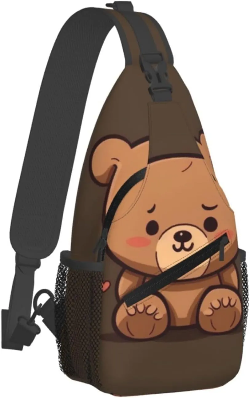 Small Sling Bag Sling Backpack for Women Men Chest Bag Cartoon brown cute bear Crossbody Shoulder Bag Hiking Daypack