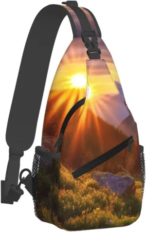 Small Sling Bag Sling Backpack for Women Men Chest Bag Rocky Mountain Sunset Sunshine Crossbody Shoulder Bag Hiking Daypack
