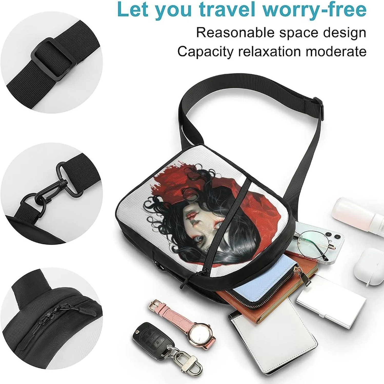 Small Sling Chest Bag Crossbody Bag for Men Women,Black Hair Woman Lightweight Gym Daypack for Travel Cycling Hiking