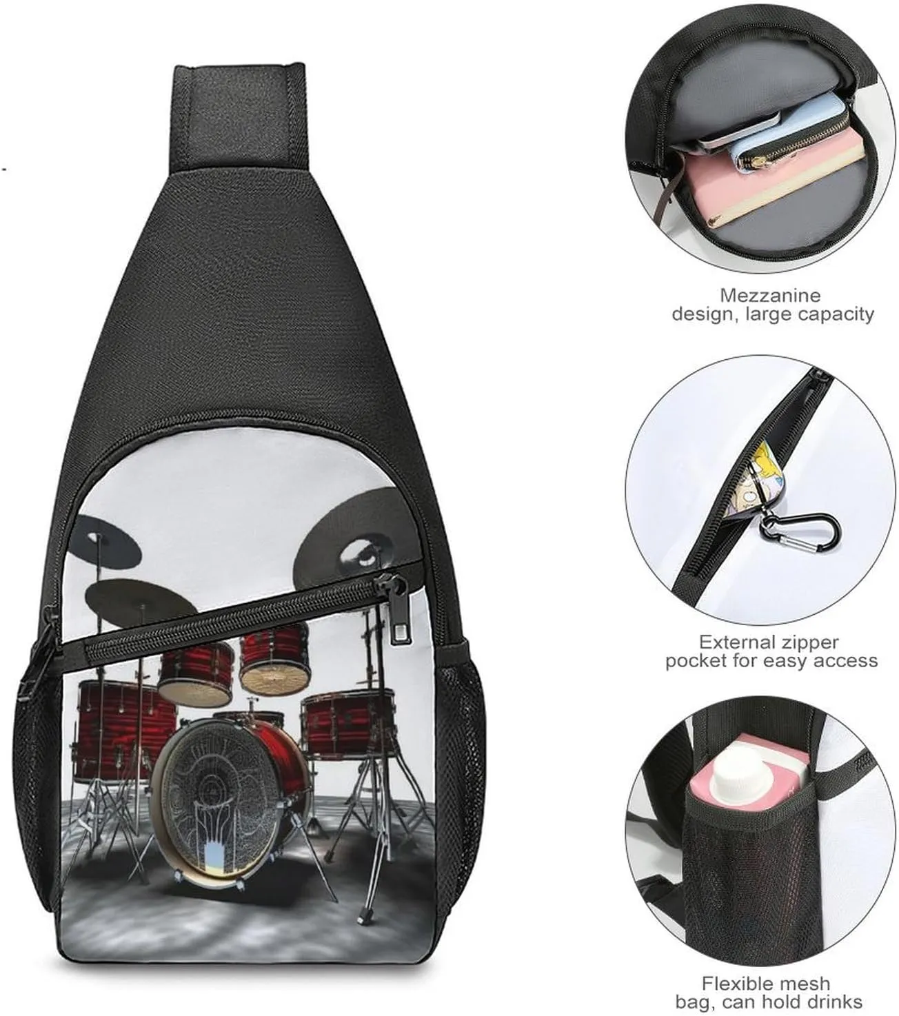 Small Sling Chest Bag Crossbody Bag for Men Women,Cool Drum Set Lightweight Gym Daypack for Travel Cycling Hiking