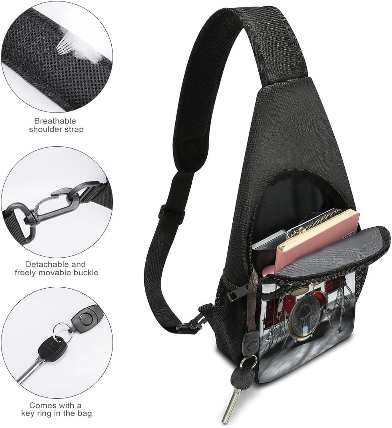 Small Sling Chest Bag Crossbody Bag for Men Women,Cool Drum Set Lightweight Gym Daypack for Travel Cycling Hiking