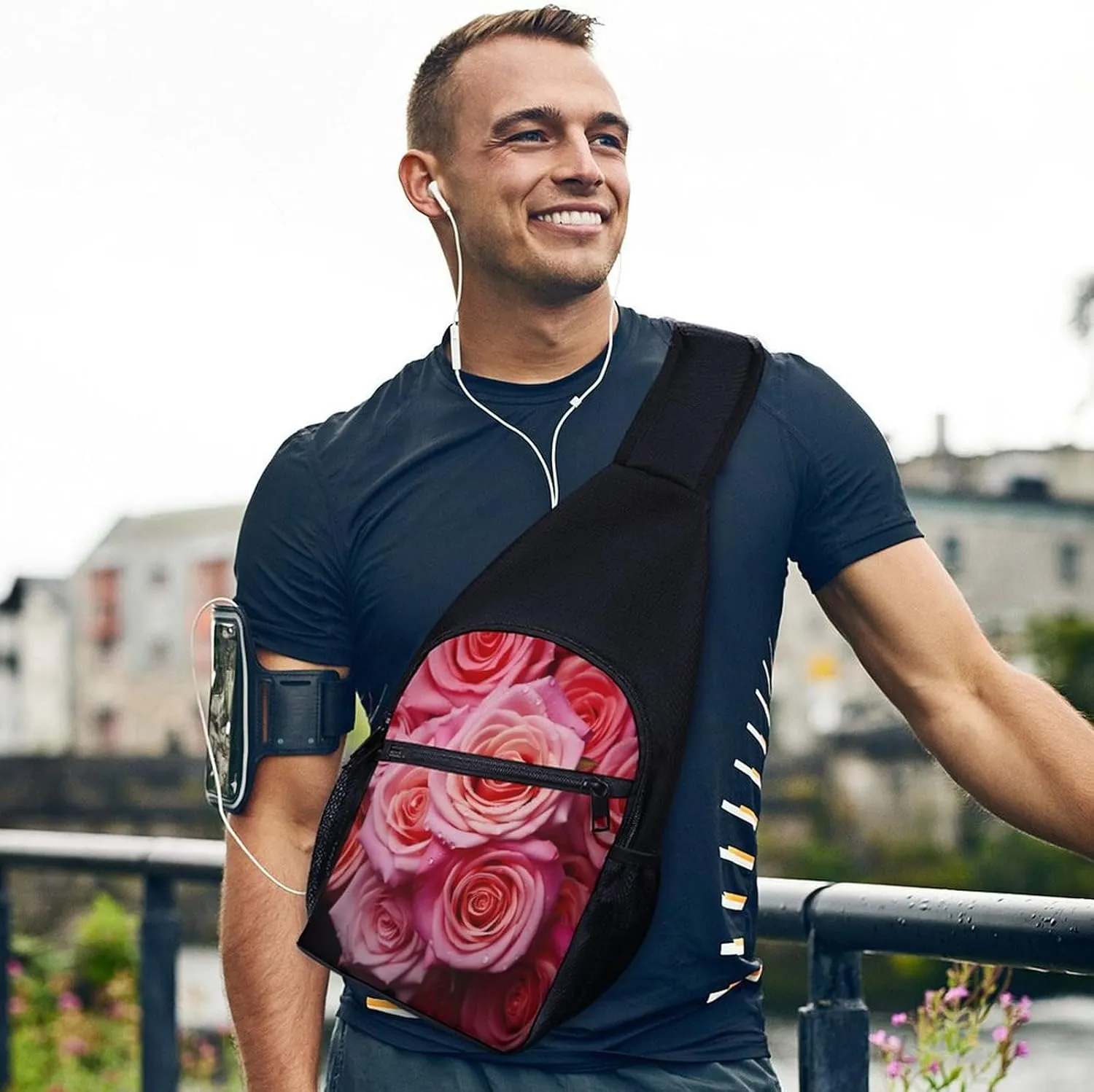 Small Sling Chest Bag Crossbody Bag for Men Women,Elegant Rose Flower Lightweight Gym Daypack for Travel Cycling Hiking
