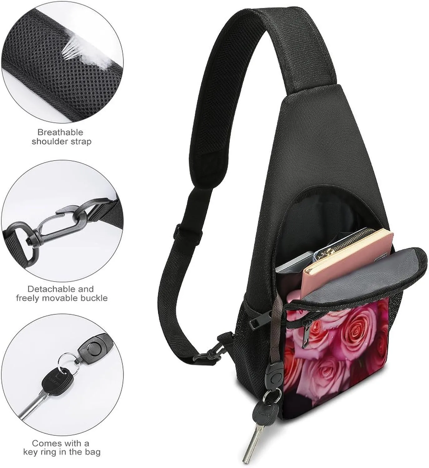 Small Sling Chest Bag Crossbody Bag for Men Women,Elegant Rose Flower Lightweight Gym Daypack for Travel Cycling Hiking