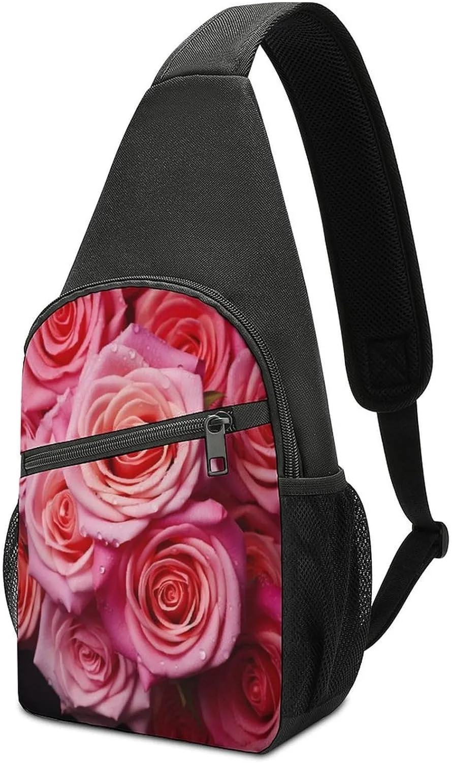 Small Sling Chest Bag Crossbody Bag for Men Women,Elegant Rose Flower Lightweight Gym Daypack for Travel Cycling Hiking