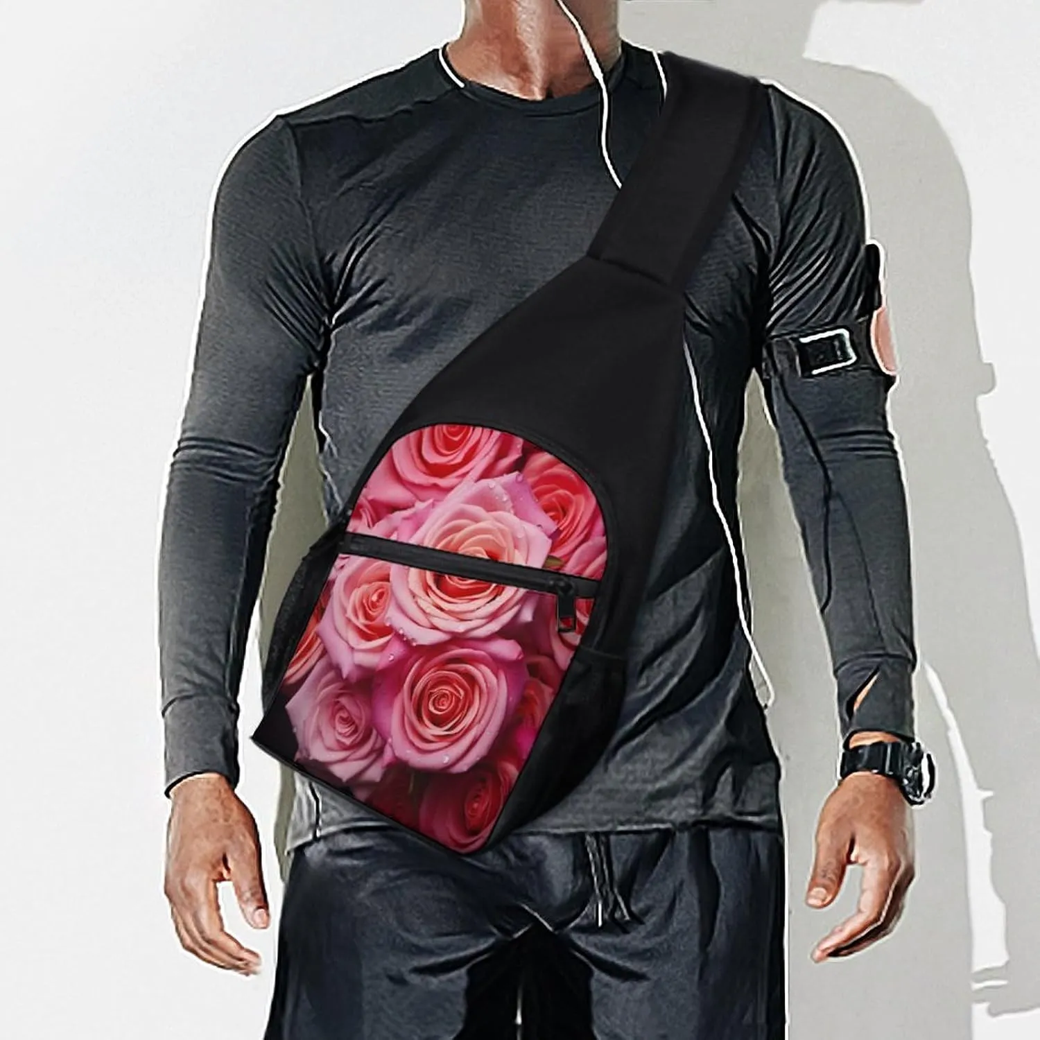Small Sling Chest Bag Crossbody Bag for Men Women,Elegant Rose Flower Lightweight Gym Daypack for Travel Cycling Hiking