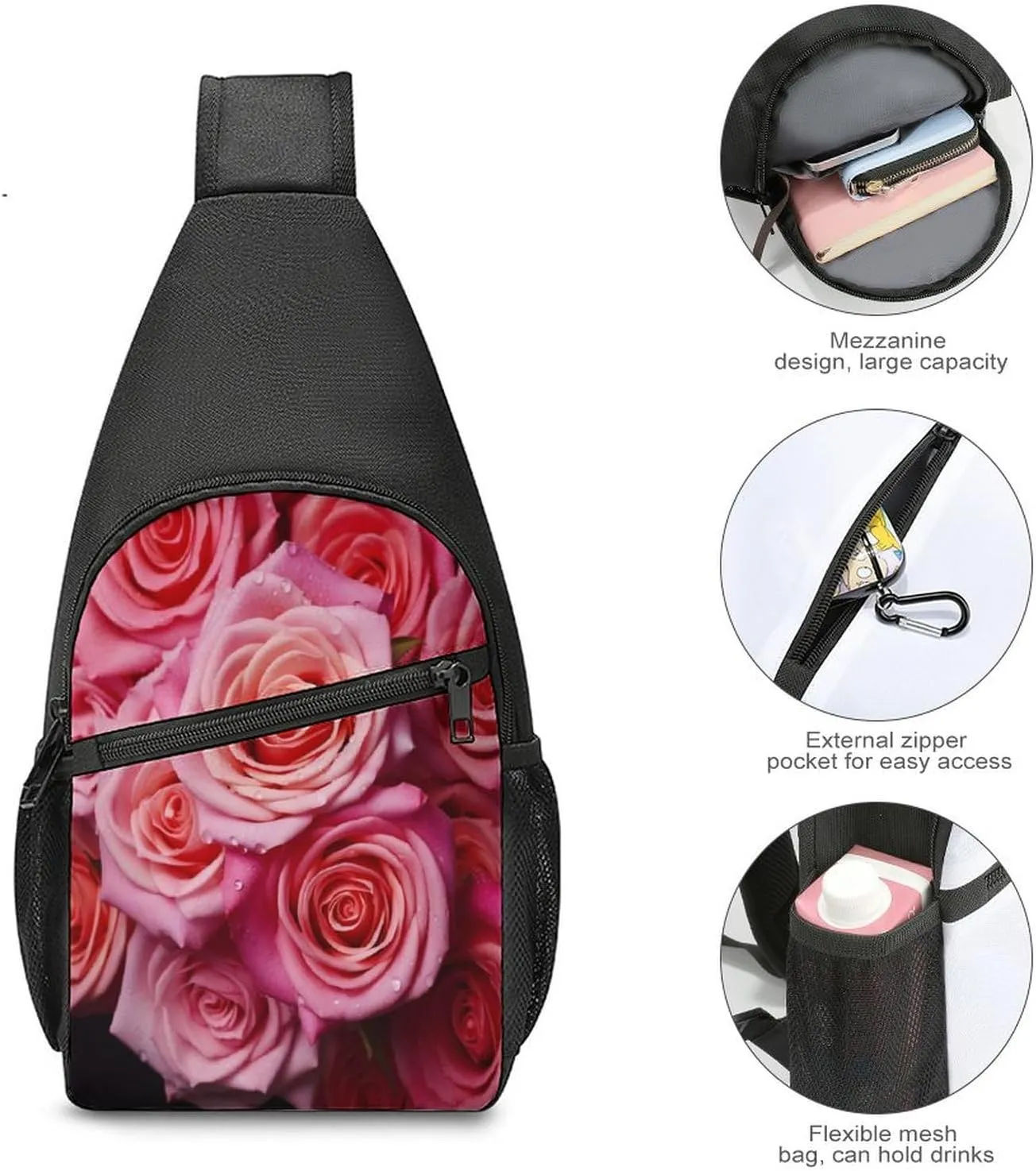 Small Sling Chest Bag Crossbody Bag for Men Women,Elegant Rose Flower Lightweight Gym Daypack for Travel Cycling Hiking