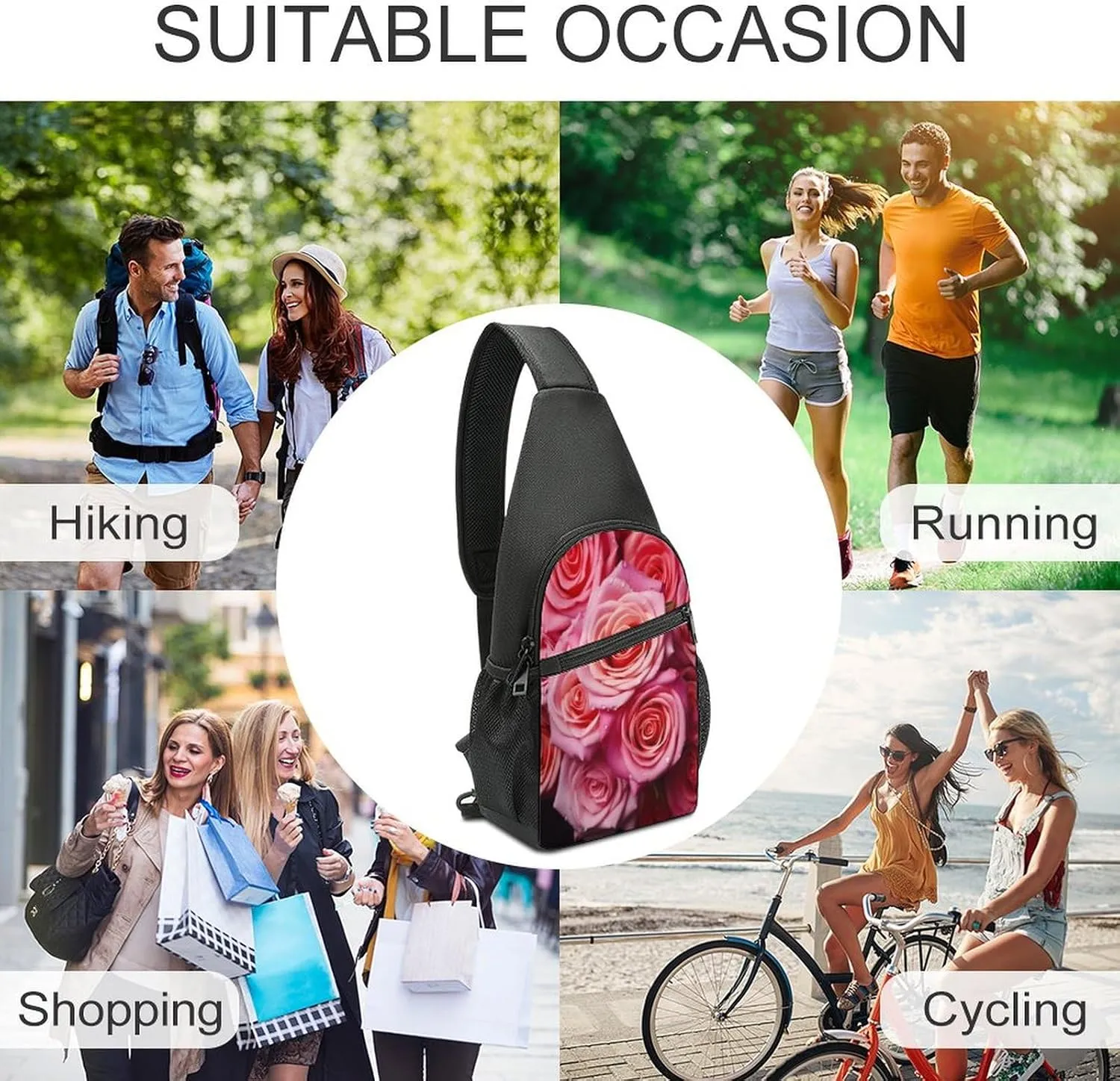 Small Sling Chest Bag Crossbody Bag for Men Women,Elegant Rose Flower Lightweight Gym Daypack for Travel Cycling Hiking